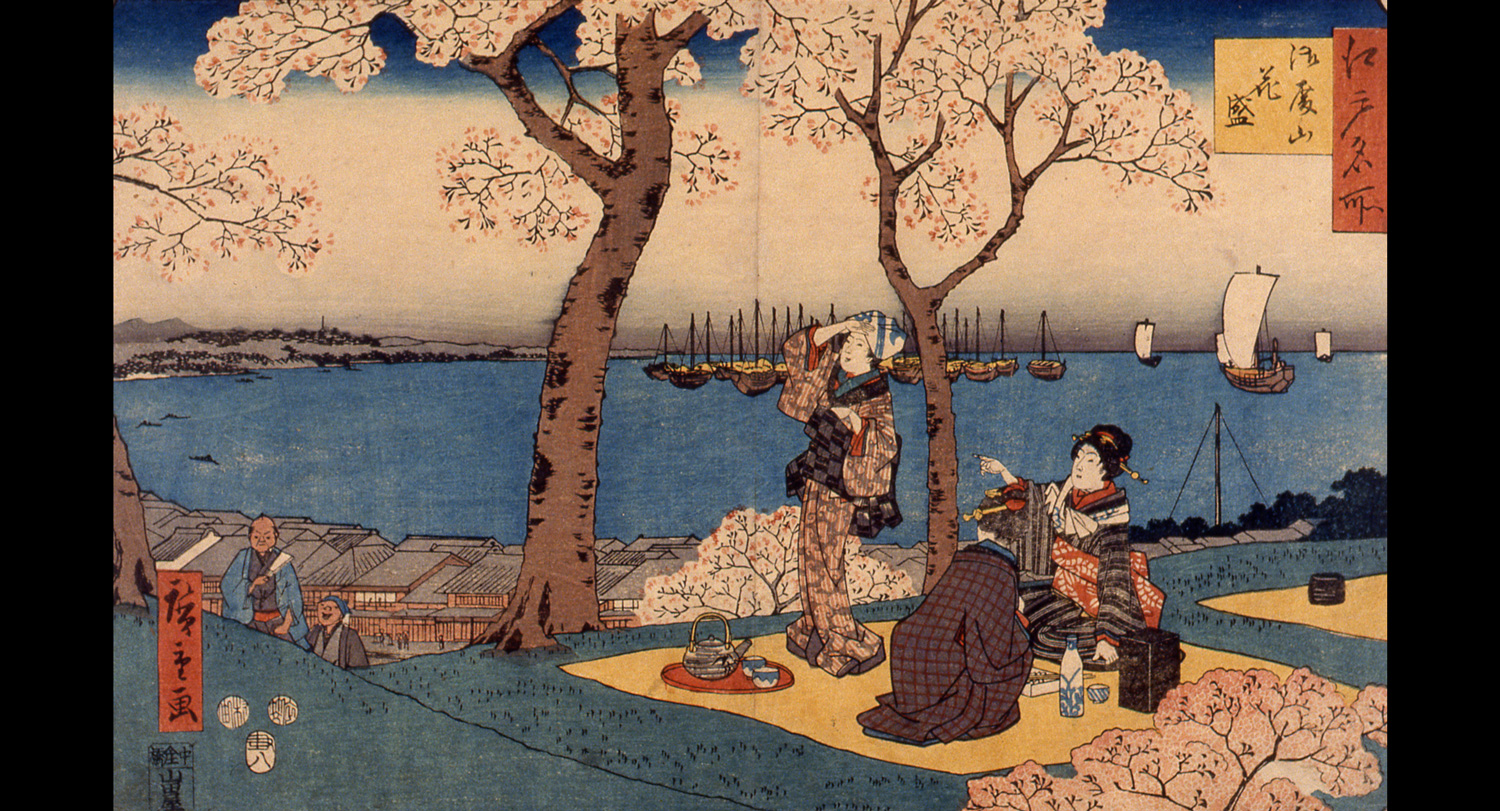 “Edo meisho Gotenyama hanazakari (Famous Views of Edo, Cherry Blossom Viewing at Gotenyama)” By Utagawa Hiroshige (1st gen) *Owned by the Shinagawa Historical Museum