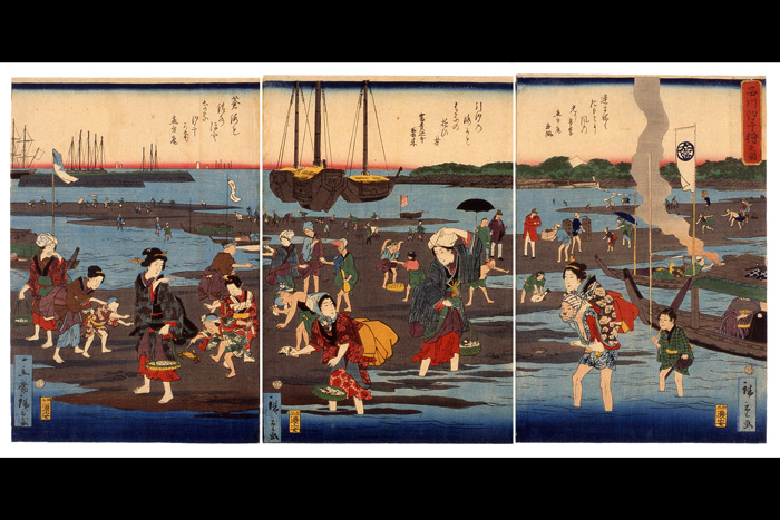 “Shinagawa Shiohigari no Zu” (Shinagawa Shell Gathering) 
By Utagawa Hiroshige (2nd gen)  *Owned by the Shinagawa Historical Museum
